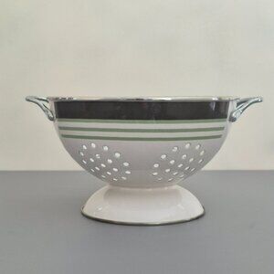 Vintage Pfaltzgraff Sphere Enamel Colander, Charcoal Gray & Green Stripes Modern